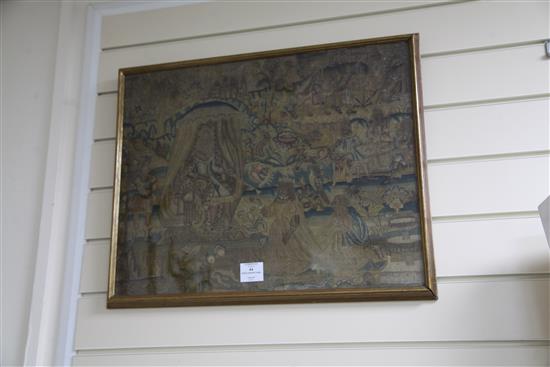 An early 17th century needlework panel of King Ahasuerus receiving Esther, 16.75 x 21in.